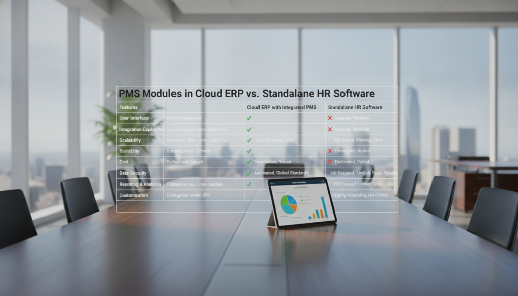 a table comparing PMS modules inside cloud ERP systems vs standalone HR software